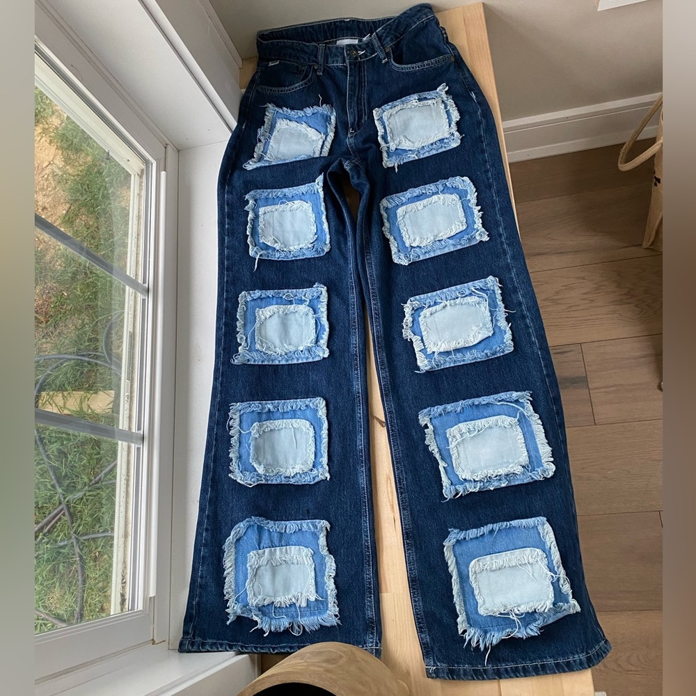 Free People Dark Indigo Straight Leg Jeans with Light Blue Patchwork